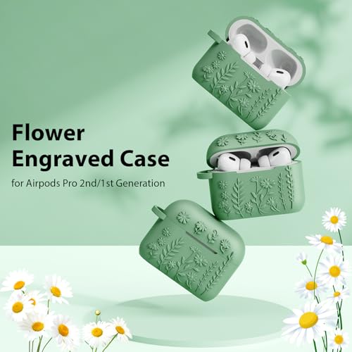 AIRSPO Airpod Pro 2nd Generation Case, 3D Floral Embossed Soft Silicone Protective Cover with Cleaner Kit for Apple Airpods Pro 2nd 1st Gen Case with Keychain (2023/2022), Green - Image 2