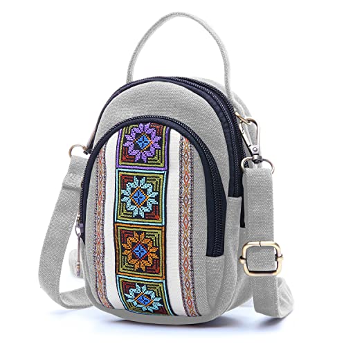 SILKAREA Women Canvas Cell Phone Purse Crossbody Bag Embroidered Small Shoulder Bags Handbags Credit Card Wallet Pouch (Light Grey) - Image 1