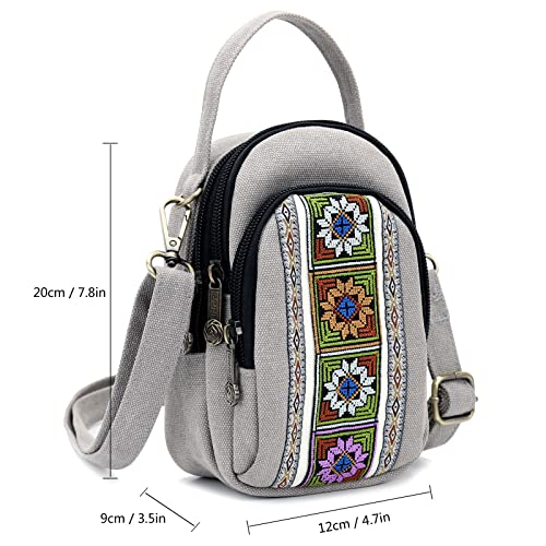 SILKAREA Women Canvas Cell Phone Purse Crossbody Bag Embroidered Small Shoulder Bags Handbags Credit Card Wallet Pouch (Light Grey) - Image 3