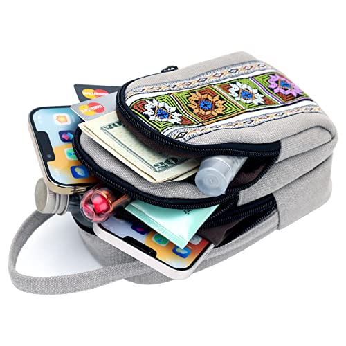 SILKAREA Women Canvas Cell Phone Purse Crossbody Bag Embroidered Small Shoulder Bags Handbags Credit Card Wallet Pouch (Light Grey) - Image 5