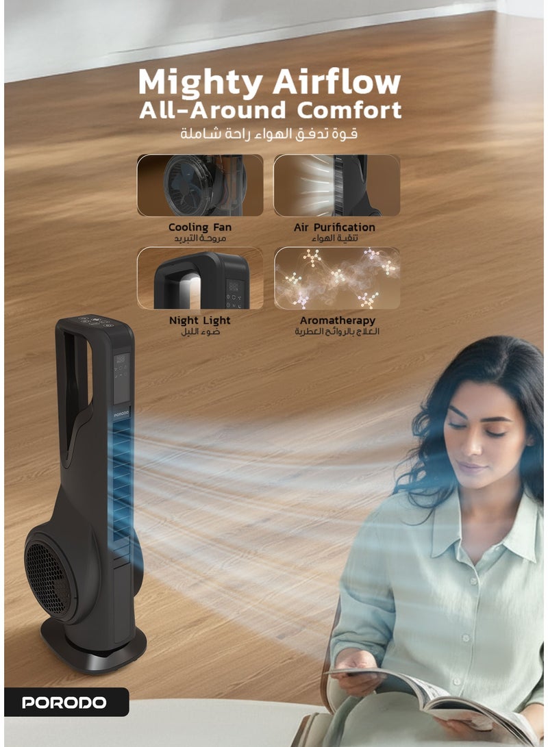 porodo Lifestyle Coolbreeze Smart Tower Fan with Aromatherapy & Air Purification 70W / Air Purification / Dynamic Wind Control / Home Air Cooling / Air Purifier Fan - Black - Image 5