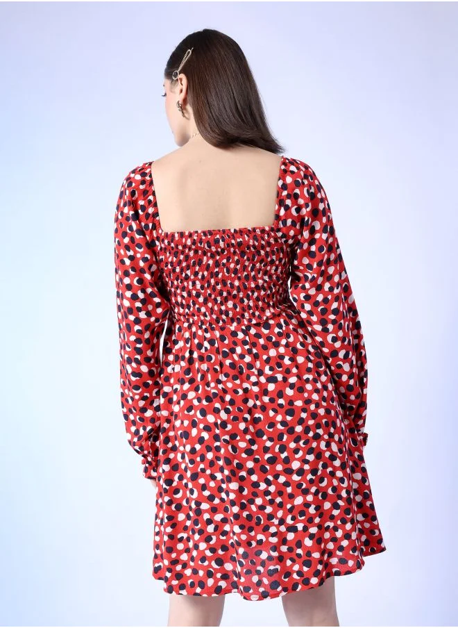 مرفوعة Women Fit and Flared Casual Abstract Print Square Neck Midi Dress