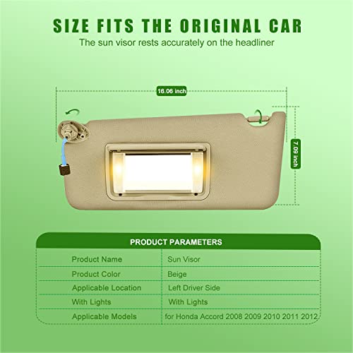 UMISHI Left Driver Side Sun Visor for Honda Accord 2008 2009 2010 2011 2012 2013 2014 2015 2016 2017, Replacement Assembly 83280-TA5-A71ZA 83280-TA5-A51ZA Beige - Image 3