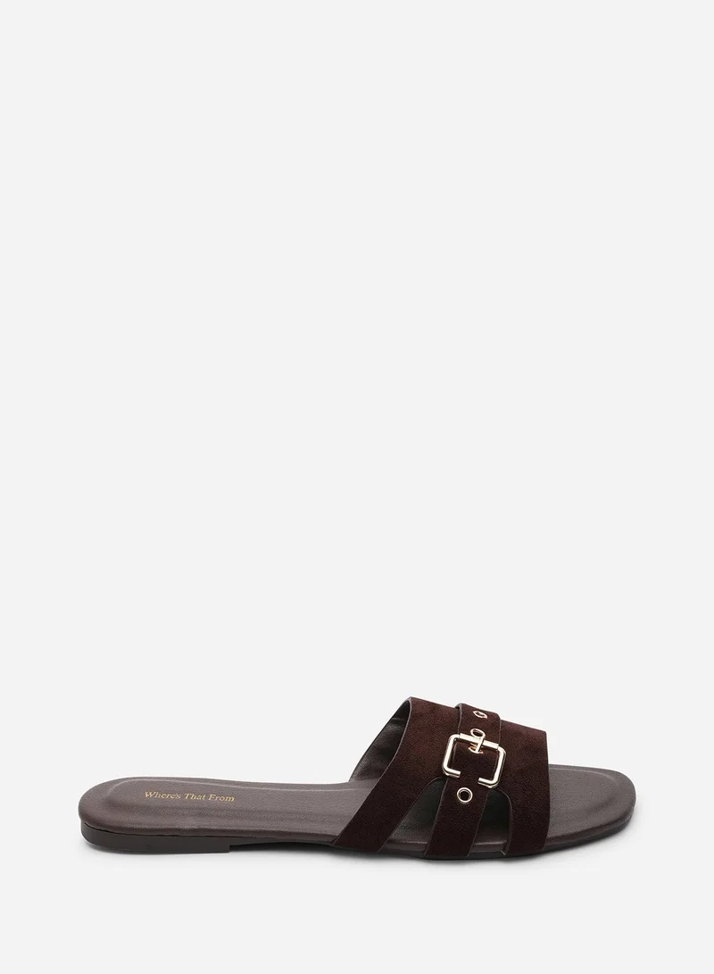 من أين هذه Alvita Buckle Slide on Flat Dark Brown Suede Slide On Sandal