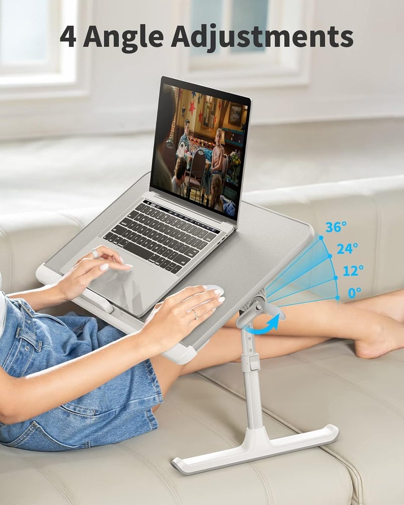 SAIJI طاولة سرير لابتوب قابلة للتعديل، طاولة سرير لابتوب من جلد PVC، مكتب قائم محمول مع درج تخزين، طاولة لوحية قابلة للطي للكنبة والأرض (رمادي) - Image 3