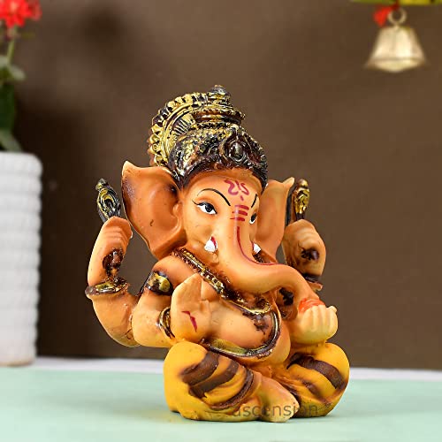 ascension Resin Handcrafted Ochre Hindu Lord Ganesha Ganpati Gajanand Idol Figurine Showpiece Sculpture for Car Dashboard Yellow - Image 2