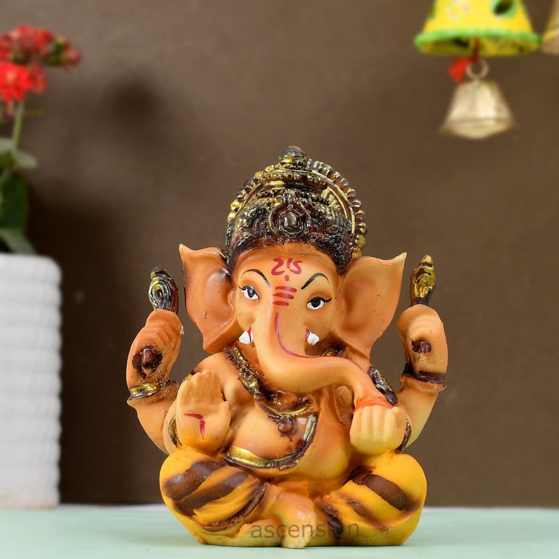 ascension Resin Handcrafted Ochre Hindu Lord Ganesha Ganpati Gajanand Idol Figurine Showpiece Sculpture for Car Dashboard Yellow - Image 5