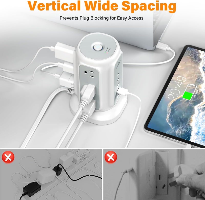 ايجوي - رافعة أسلاك كهربائية تحتوي على 9 منافذ، 5 منافذ USB (2 من نوع USB-C)، كابل تمديد رفيع جدًا بطول 6.5 قدم وقدرة تصل إلى 13 أمبير، مزود بعدة منافذ، بالإضافة إلى محول طاقة قادر على تحمل صدمات كهربائية بقوة 1200 جولة. - Image 3