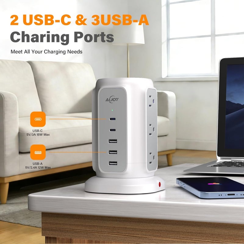 ايجوي - رافعة أسلاك كهربائية تحتوي على 9 منافذ، 5 منافذ USB (2 من نوع USB-C)، كابل تمديد رفيع جدًا بطول 6.5 قدم وقدرة تصل إلى 13 أمبير، مزود بعدة منافذ، بالإضافة إلى محول طاقة قادر على تحمل صدمات كهربائية بقوة 1200 جولة. - Image 4