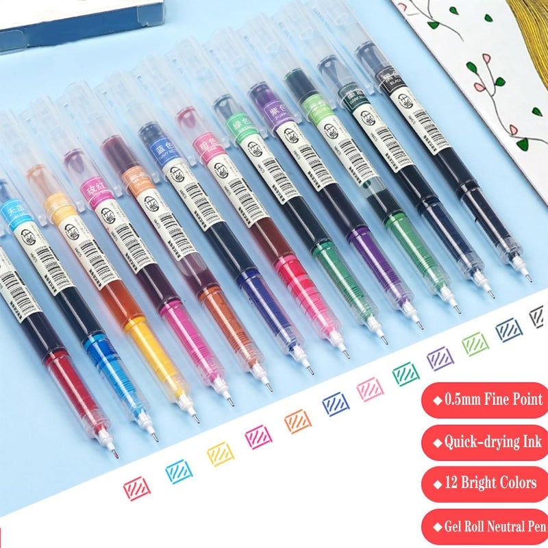 Wifpme 12 Colour Quick Dry Gel Pens, 0.5mm Fine Point Comfort Grip Gel Ink Pens Multi Colour Ink Aesthetic Journal Pen for Students Girls Boys Adults Writing Drawing School Office Supplies - Image 2