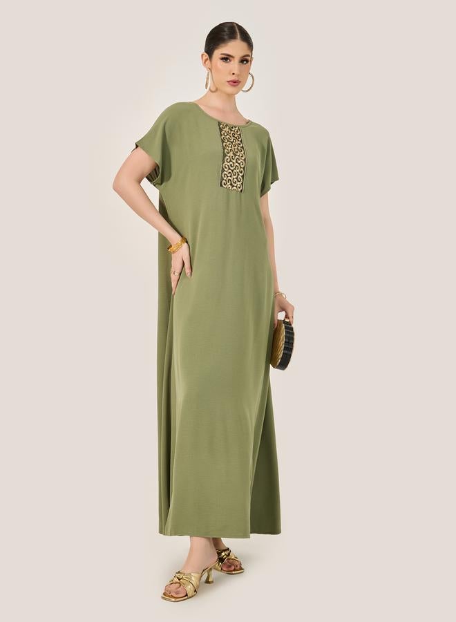 Styli Sequined Embellished Round Neck A-Line Jalabyia  - Image 2