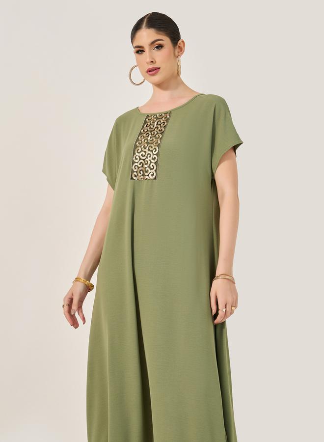 Styli Sequined Embellished Round Neck A-Line Jalabyia  - Image 3