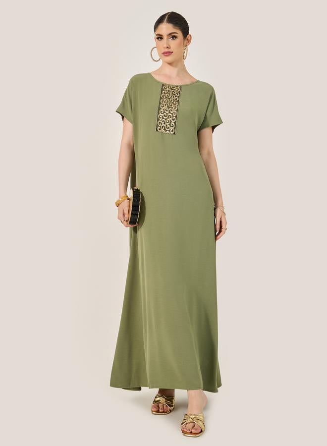 Styli Sequined Embellished Round Neck A-Line Jalabyia  - Image 1