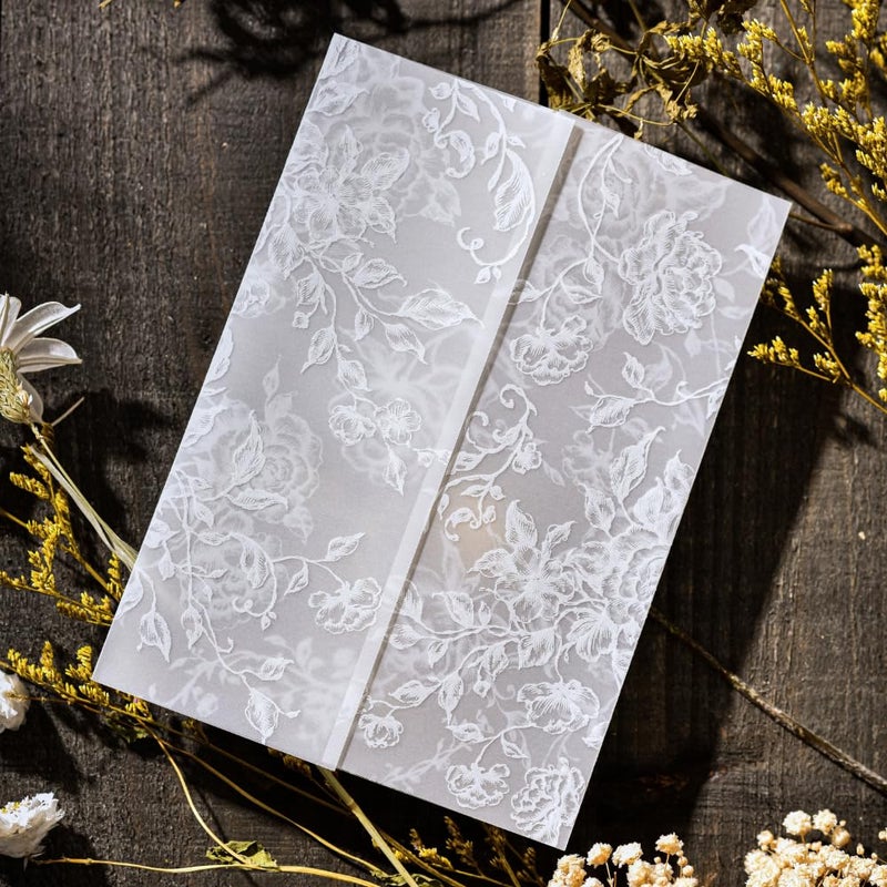 Puremigo 50 Pack Pre-Folded Vellum Jackets for 5x7 Invitations - White Flower - 115GSM Vellum Paper 5x7 Jackets - Wedding Invitations Wraps - Transparent Wedding - Image 4