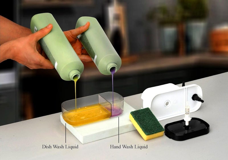 NL TRADERS 3 in 1 Soap Pump Dispenser Dish Soap Liquid Dispenser Sponge Holder Dish Soap Pump Dispenser for Kitchen Sink Countertop Kitchen Bathroom Soap Dispensers (White) - Image 4