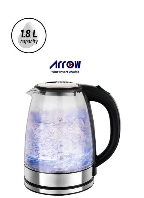 1.8L Borosilicate Electric Glass Kettle, 1500W | Fast Boiling | Concealed Stainless Steel Heating Element | Double Layer for Heat Protection | Model: RO-18LKTG