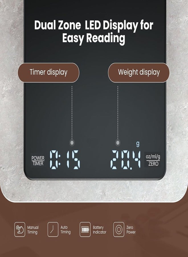 غادجيترونيكس ميزان قهوة ذكي من Gadgetronics مزود بمؤقت، ميزان رقمي قابل لإعادة الشحن لوزن القهوة، من 0.1 غرام إلى 3 كيلوغرامات، شاشة لمس LED | قابل لإعادة الشحن عبر منفذ USB، مقاوم للحرارة، مثالي لمحترفي تحضير القهوة والتحضير اليدوي. - Image 2