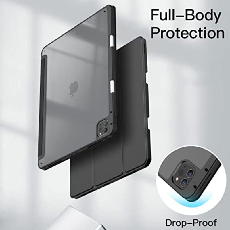 غطاء حماية لجهاز iPad Pro 12.9 6/5/4/3: ظهر شفاف، نحيف مقاوم للصدمات، حامل ثلاثي الطي، حامل أقلام رصاص، تنبيه/غفو تلقائي مثالي لموديلات 2022/2021/2020/2018 - Image 4