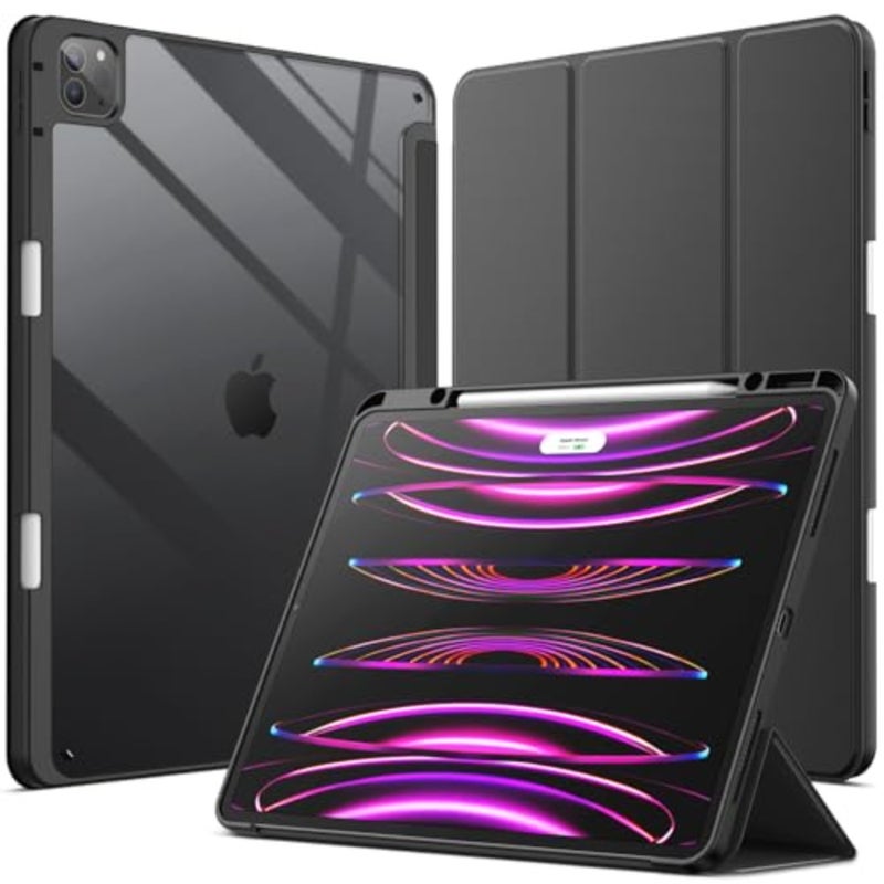 غطاء حماية لجهاز iPad Pro 12.9 6/5/4/3: ظهر شفاف، نحيف مقاوم للصدمات، حامل ثلاثي الطي، حامل أقلام رصاص، تنبيه/غفو تلقائي مثالي لموديلات 2022/2021/2020/2018 - Image 1