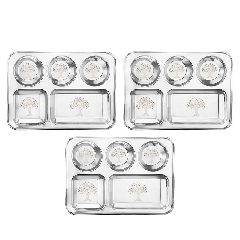 KITCHEN CLUE Stainless Steel Designer Dinner Plates For Kitchen & Dining (Set Of 3 Pcs, 35cm Dia, Design- TREE) 304 Grade Steel 5 In 1 Compartment Plates/Partition Plate/Bhojan Thali - Durable & Safe - Image 1