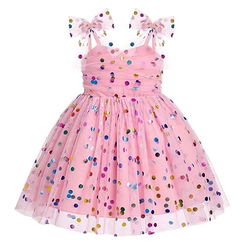 IMEKIS 5th 6th Birthday Girl Outfit: Fifth Sixth Birthday Dress for Girls Cake Smash Toddler Confetti Princess Dresses Party Pageant Gown Kids Easter Dresses Photoshoot Pink Sequin 5-6T - Image 1