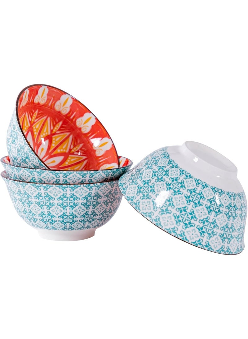السرعوف الذهبية مجموعة من 4 أوعية سيراميك باللونين الأخضر والبرتقالي - نمط زهور مقاس 6.25 بوصة - ميكروويف وغسالة أطباق وآمن للفرن - مثالية للسلطات والمعكرونة والحساء - هدية مطبخ نابضة بالحياة - Image 1