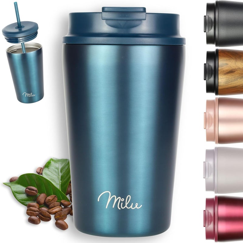 Milu Thermal Mug 300 ml, 400 ml, 500 ml - 100% Leak-Proof - Stainless Steel Coffee Mug to Go Insulated with Straw Keeps Hot for 10 Hours / 20 Hours Cold, BPA-Free (Green, 400 ml) - Image 1