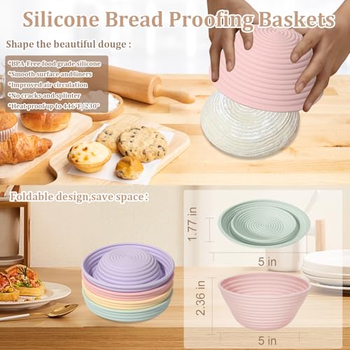 Ycgcp 4Pcs Mini Silicone Banneton Bread Proofing Baskets 5 Sourdough Banneton Proofing Baskets NonStick Round Dough Proofing Bowl Containers Oven Safe for Various Tastes Bread MakingBPA Free - Image 3