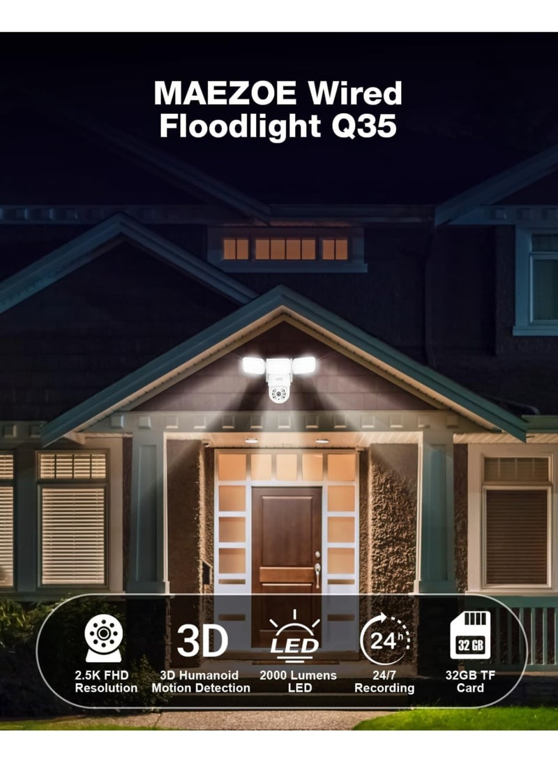 Zikra كاميرا الفيضانات الخارجية، 2800 لومن LED، كاميرا أمان WiFi عالية الدقة، دوران 360° وإمالة، كشف الحركة، رؤية ليلية ملونة، مراقبة على مدار 24/7، سلكية لحماية المنزل - Image 2