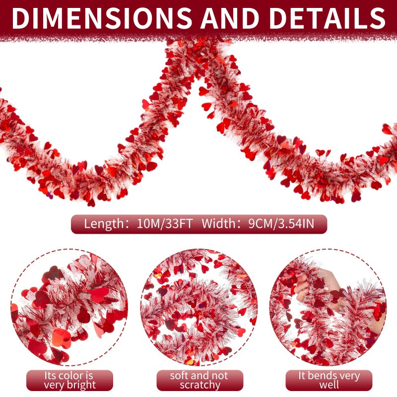 Gloreyan 33 Ft Valentine's Day Heart Tinsel Garland, Red Heart Metallic Tinsel Twist Garland Shiny Hanging Garland Decoration for Valentineâ€™s Day Wedding Anniversary Birthday Party Supplies - Image 2