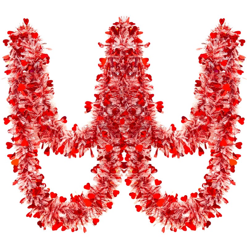 Gloreyan 33 Ft Valentine's Day Heart Tinsel Garland, Red Heart Metallic Tinsel Twist Garland Shiny Hanging Garland Decoration for Valentineâ€™s Day Wedding Anniversary Birthday Party Supplies - Image 1