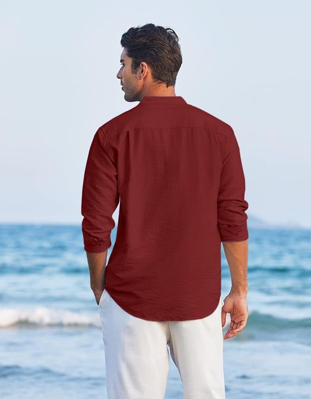 Macsivo Men's Cotton Blend Henley Short Kurta with Mandarin Collar Long Sleeeve Button Closure Curved Hem Regular Fit | Kurta for Men Stylish Maroon - Image 2