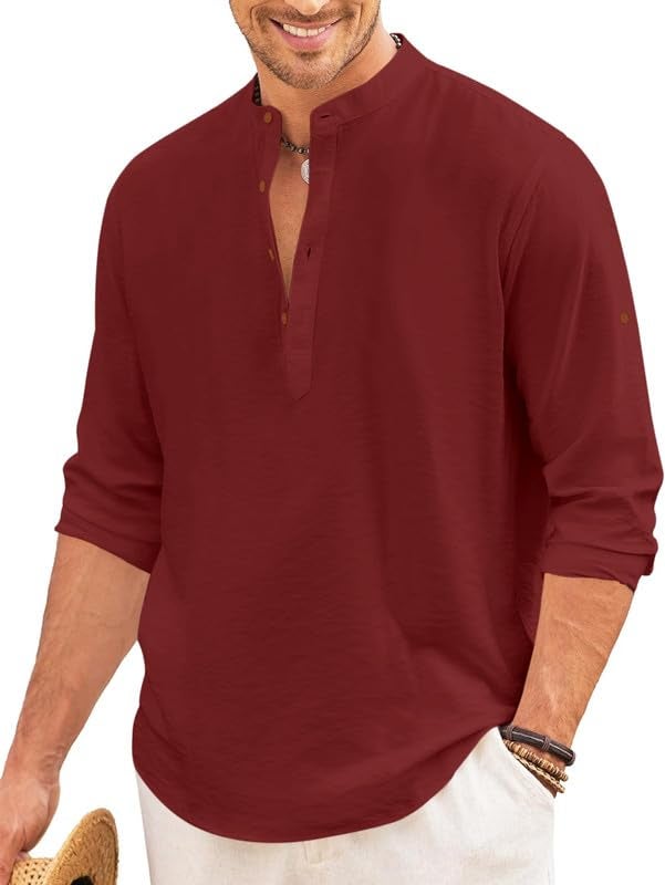 Macsivo Men's Cotton Blend Henley Short Kurta with Mandarin Collar Long Sleeeve Button Closure Curved Hem Regular Fit | Kurta for Men Stylish Maroon - Image 1