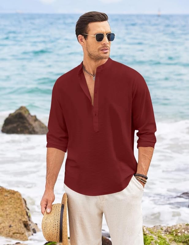 Macsivo Men's Cotton Blend Henley Short Kurta with Mandarin Collar Long Sleeeve Button Closure Curved Hem Regular Fit | Kurta for Men Stylish Maroon - Image 3