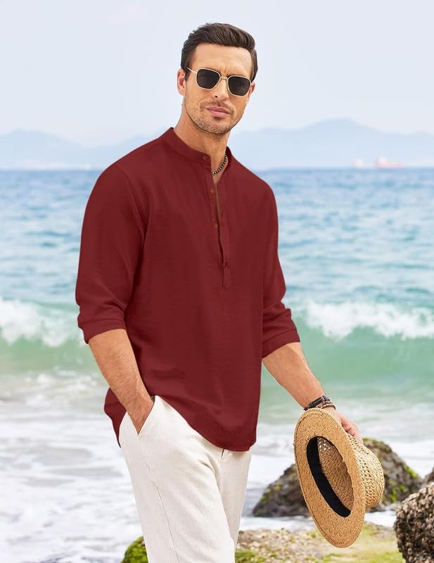 Macsivo Men's Cotton Blend Henley Short Kurta with Mandarin Collar Long Sleeeve Button Closure Curved Hem Regular Fit | Kurta for Men Stylish Maroon - Image 5