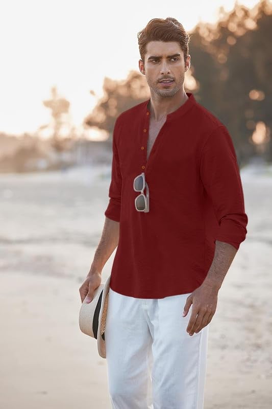 Macsivo Men's Cotton Blend Henley Short Kurta with Mandarin Collar Long Sleeeve Button Closure Curved Hem Regular Fit | Kurta for Men Stylish Maroon - Image 4
