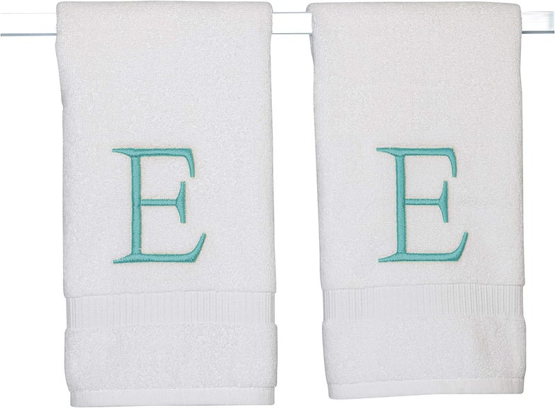 Decorvo منشفة اليد monogram teal للحمام - جودة الفندق الأولية ذات جودة زخرفية مزخرفة مزخرفة منشفة فاخرة للمسحوق على سبا - Gots Organic Certified - مجموعة من حرفين هـ  - Image 1