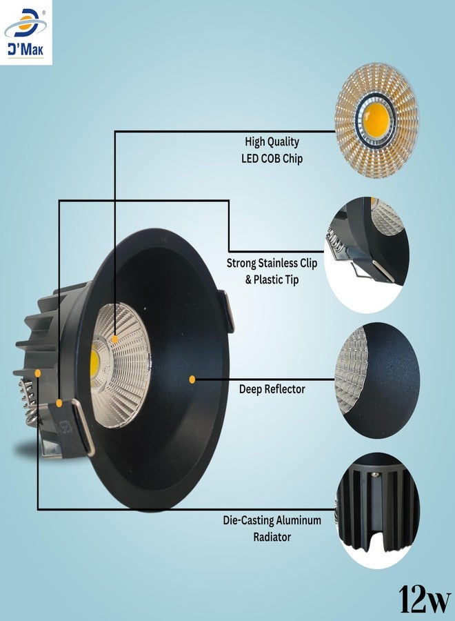 D'Mak 12W Black Body LED Deep COB Light | Recessed LED Ceiling Light for Indoor Lighting (Warm White, Pack of 1) - Image 4