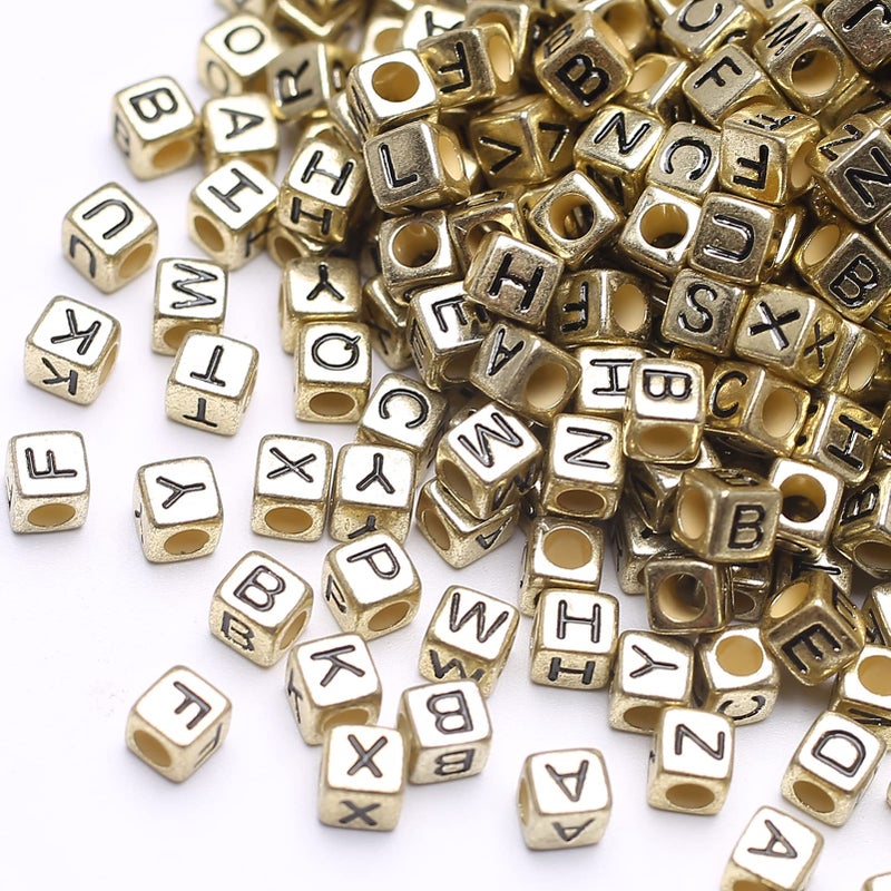 HERZWILD Letter Beads for Threading Approx 1000 Pieces 6 x 6 mm Letter Beads Square Craft Beads Letters AZ Beads for Jewellery Crafts GoldA