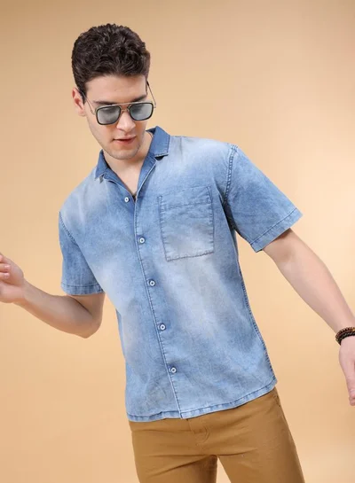 The Indian Garage Co Men Relaxed Fit Solid Half Sleeves Camp Collar Street Wear Denim Shirt