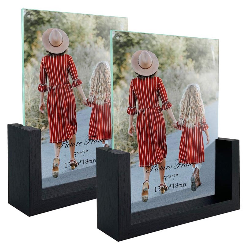 MEBRUDY 5x7 Picture Frame 2 Pack Black Photo Frames with Tempered Glass Cover and Wooden Base for Tabletop or Desktop Display