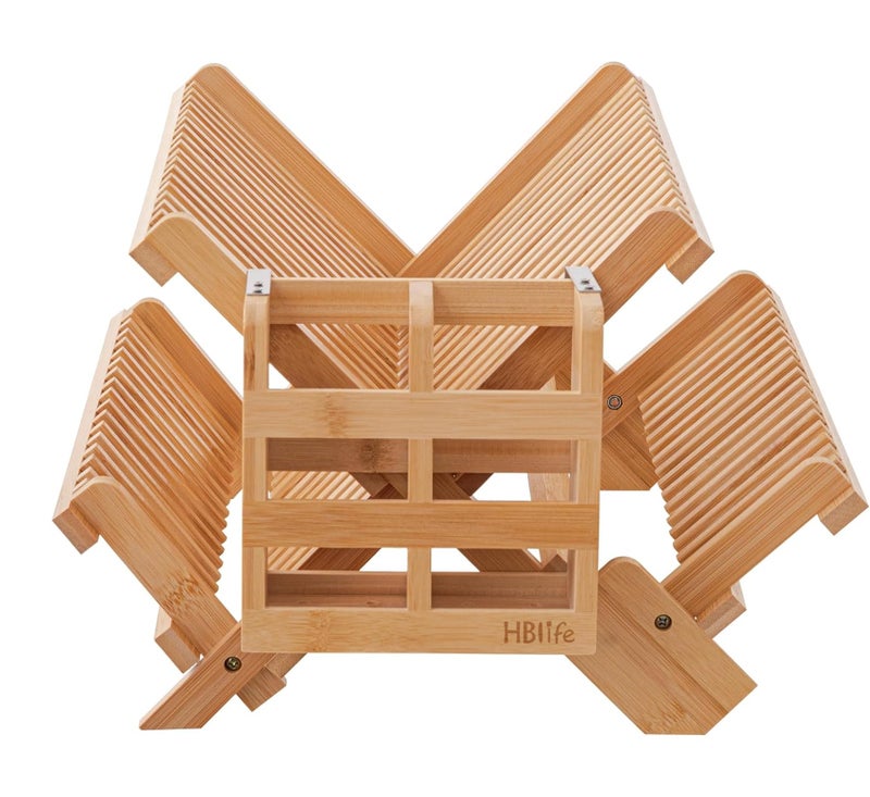 HBlife Bamboo Dish Drying Rack with Utensils Flatware Holder Set 3Tier Large Folding Drying Holder for Kitchen Counter Collapsible Drainer