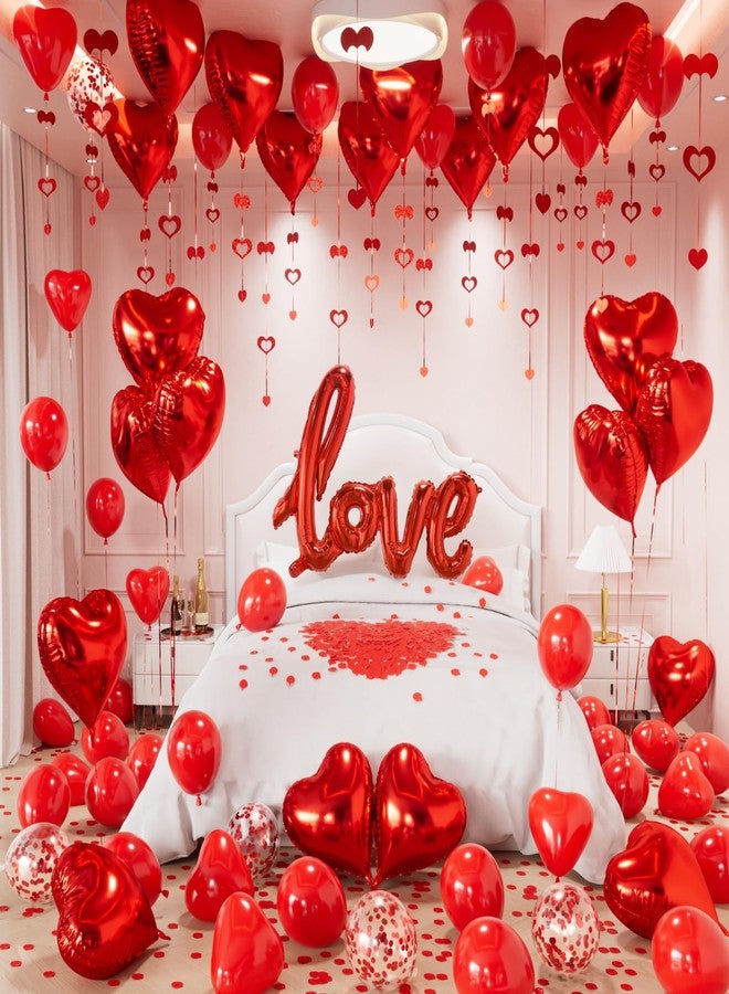 Haolongfa Valentines Day Decorations Set, Red Heart Balloons with Love Balloon, Fake Rose Petals and Red Confetti Balloons, Romantic Decor for Valentines, Proposal, Anniversary, Special Night, Bedroom Surprise - Image 1