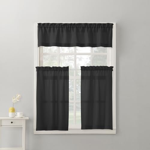 No. 918 Martine Microfiber Semi-Sheer Rod Pocket Kitchen Curtain Valance and Tiers Set, 54" x 24", Black - Image 4