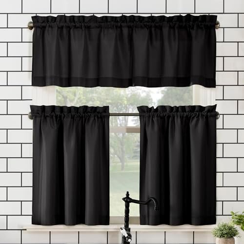 No. 918 Martine Microfiber Semi-Sheer Rod Pocket Kitchen Curtain Valance and Tiers Set, 54" x 24", Black - Image 1