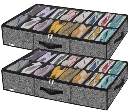 Onlyeasy Sturdy Under Bed Shoe Storage Solution Organizer For Closet Fit 16x2 Pairs, Underbed Shoes Container Bags with Reinforced Handles, Breathable, Linen-like Black, MXAUBS16P2 - Image 1