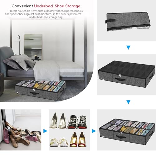 Onlyeasy Sturdy Under Bed Shoe Storage Solution Organizer For Closet Fit 16x2 Pairs, Underbed Shoes Container Bags with Reinforced Handles, Breathable, Linen-like Black, MXAUBS16P2 - Image 5