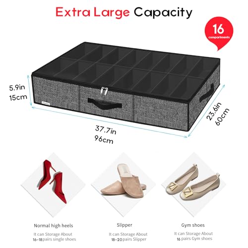 Onlyeasy Sturdy Under Bed Shoe Storage Solution Organizer For Closet Fit 16x2 Pairs, Underbed Shoes Container Bags with Reinforced Handles, Breathable, Linen-like Black, MXAUBS16P2 - Image 2