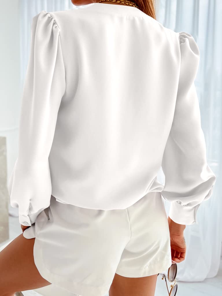 Flowyair Women's Business Casual Tops Summer Long Sleeve Button Down Shirts V Neck Chiffon Blouses White - Image 2