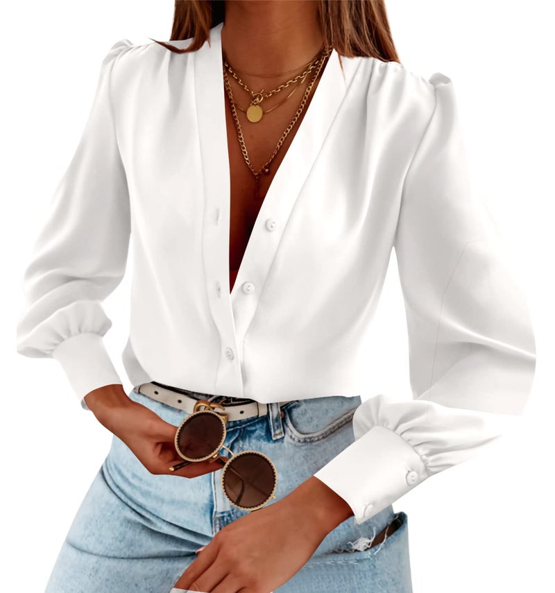 Flowyair Women's Business Casual Tops Summer Long Sleeve Button Down Shirts V Neck Chiffon Blouses White - Image 1